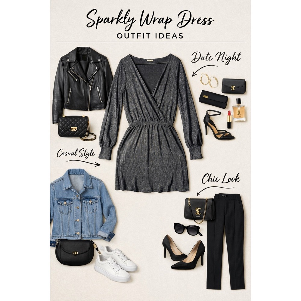 Zara B Collection‎ Sparkly Metallic Wrap Dress Black Silver Long Sleeve Mini M